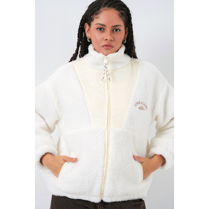 5194 Kadın Peluş Mont Ceket - Ekru