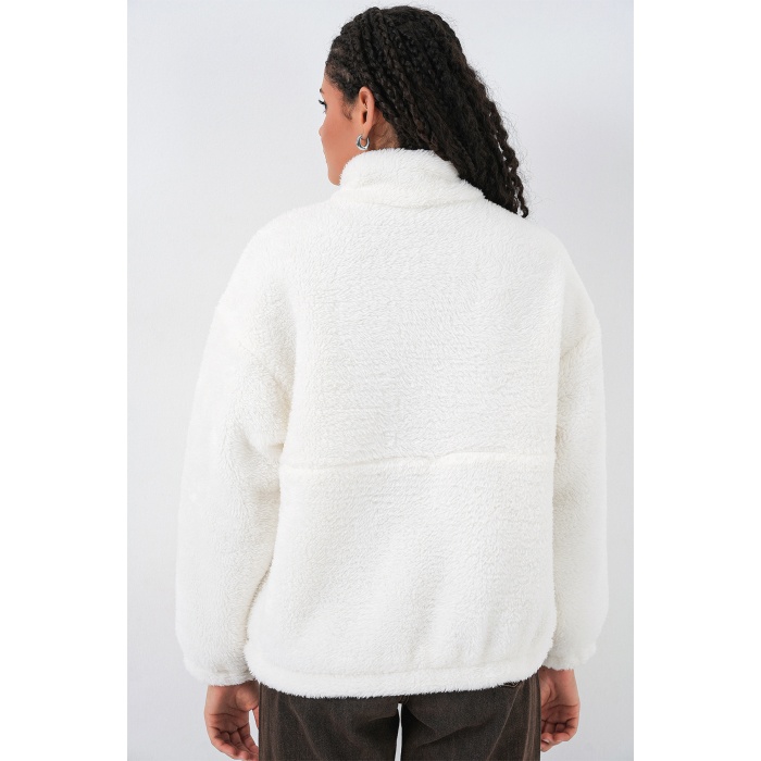 5194 Kadın Peluş Mont Ceket - Ekru