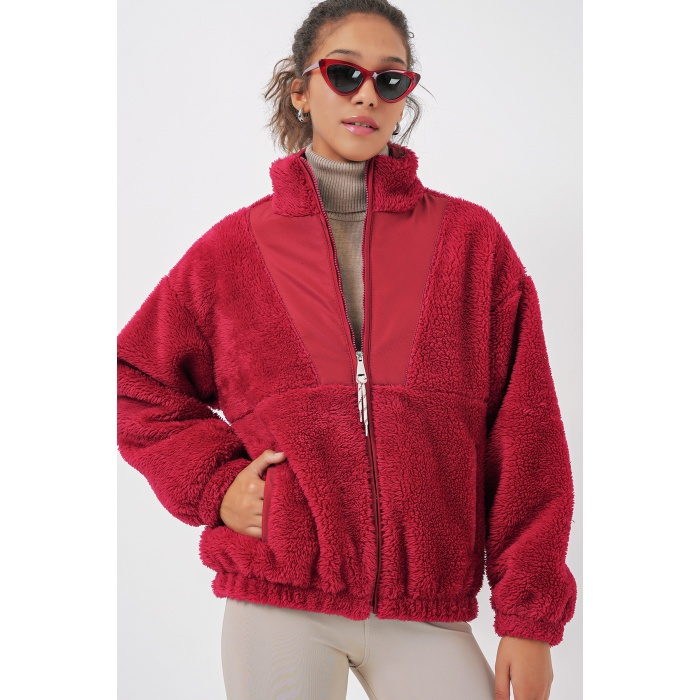 5194 Kadın Peluş Mont Ceket - A.Bordo