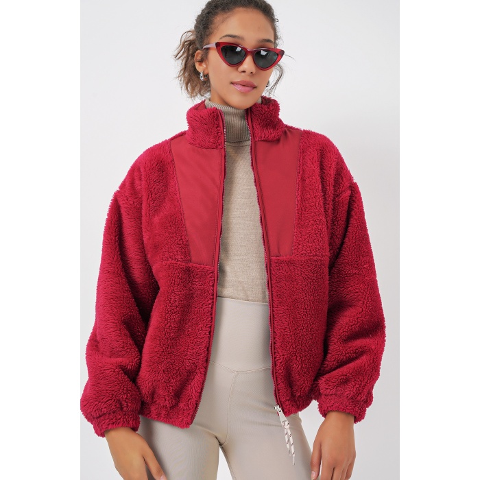 5194 Kadın Peluş Mont Ceket - A.Bordo