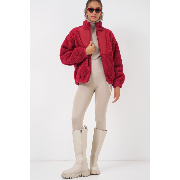 5194 Kadın Peluş Mont Ceket - A.Bordo