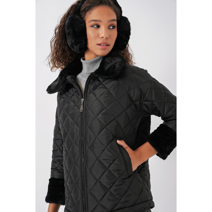 5202 Peluş Detaylı Kapitone Mont - Siyah