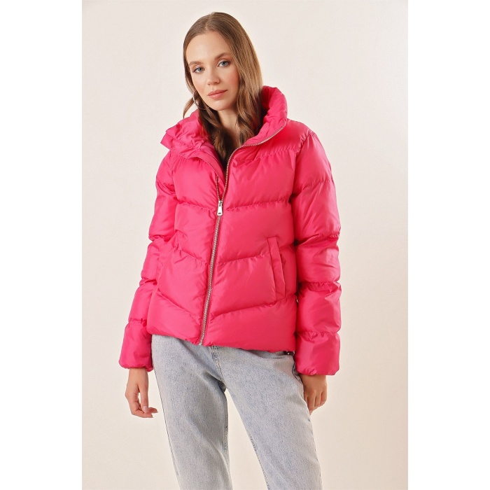 5205 Dik Yaka Fermuarlı Şişme Mont - Fuşya