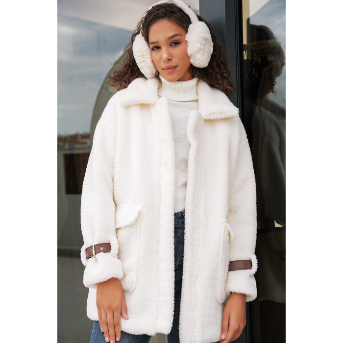 5206 Kadın Oversize Peluş Mont - Taba