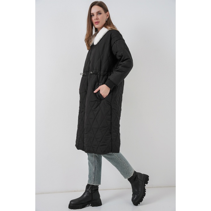 Kadın Kapitone Uzun Şişme Mont 5221 - Siyah