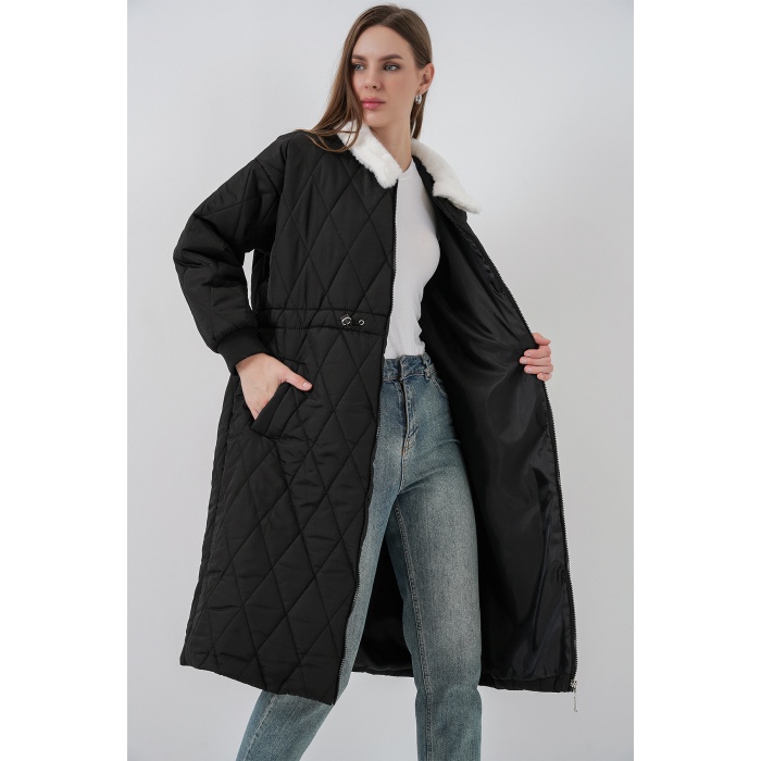 Kadın Kapitone Uzun Şişme Mont 5221 - Siyah