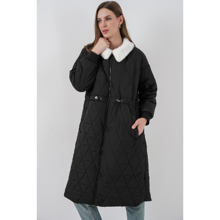 Kadın Kapitone Uzun Şişme Mont 5221 - Siyah