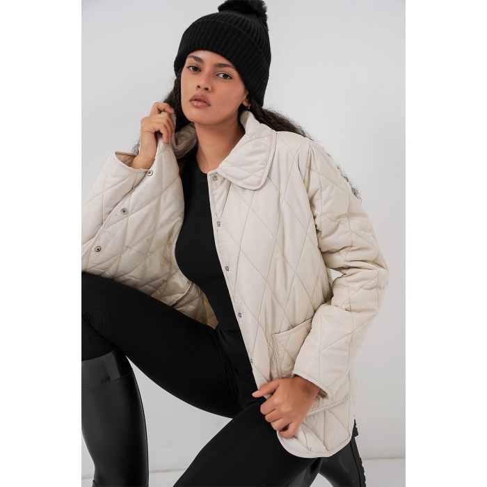 Kadın Kapitone Oversize Mont 5226 - Ekru