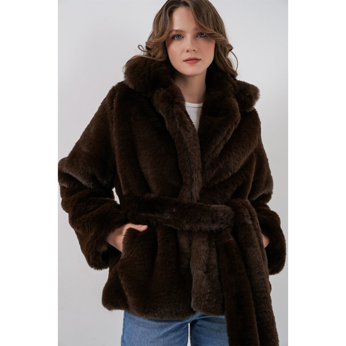 Kadın Peluş Kürk Mont 5234 - Kahverengi