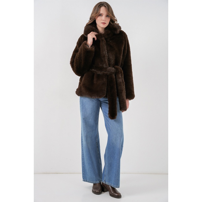 Kadın Peluş Kürk Mont 5234 - Kahverengi