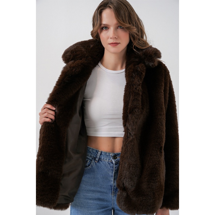 Kadın Peluş Kürk Mont 5234 - Kahverengi