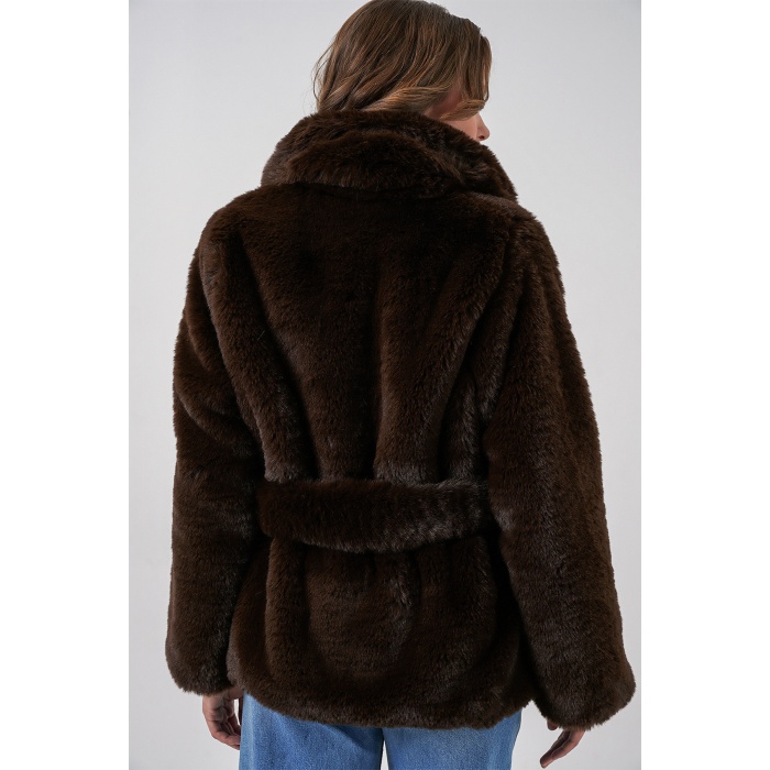 Kadın Peluş Kürk Mont 5234 - Kahverengi