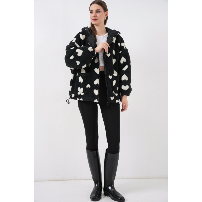 Kadın Kapüşonlu Peluş Ceket 5236 - Siyah