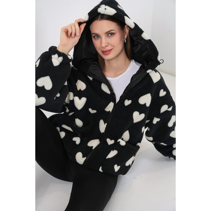 Kadın Kapüşonlu Peluş Ceket 5236 - Siyah