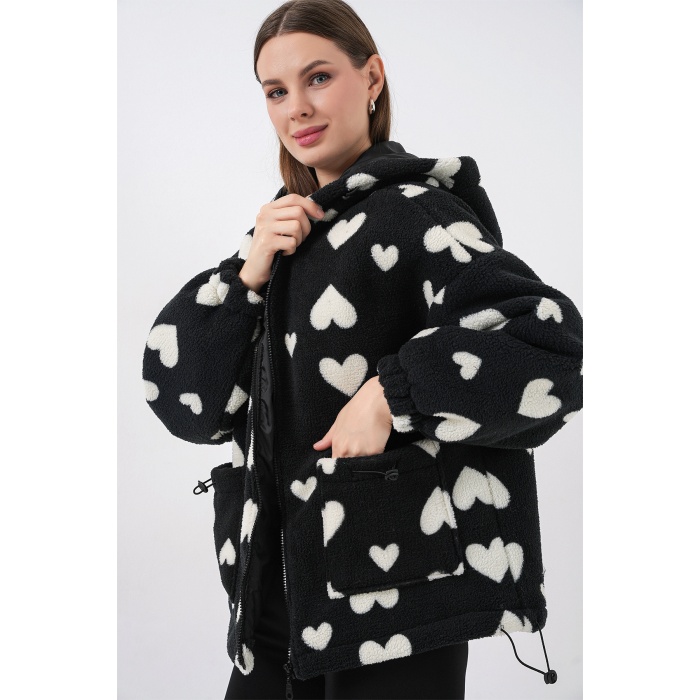 Kadın Kapüşonlu Peluş Ceket 5236 - Siyah