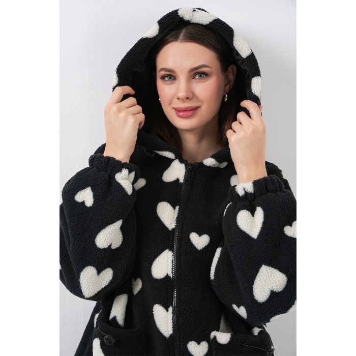Kadın Kapüşonlu Peluş Ceket 5236 - Siyah