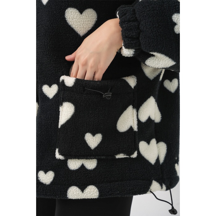 Kadın Kapüşonlu Peluş Ceket 5236 - Siyah