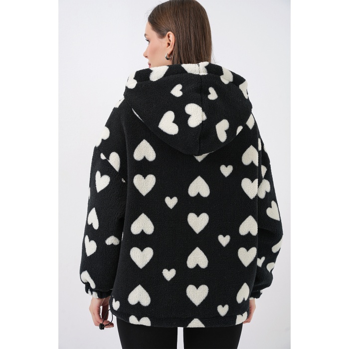 Kadın Kapüşonlu Peluş Ceket 5236 - Siyah