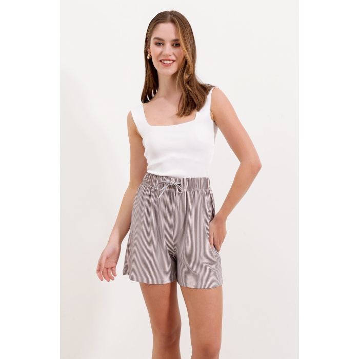 5329 Çizgili Şort - Kahverengi