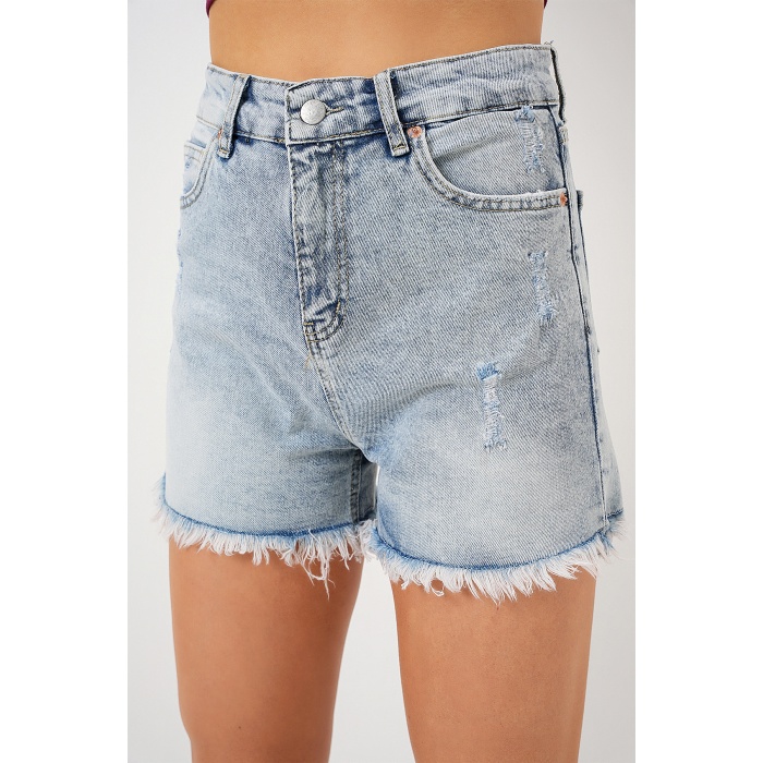 Kadın Püsküllü Kot Şort 5338 - Mavi