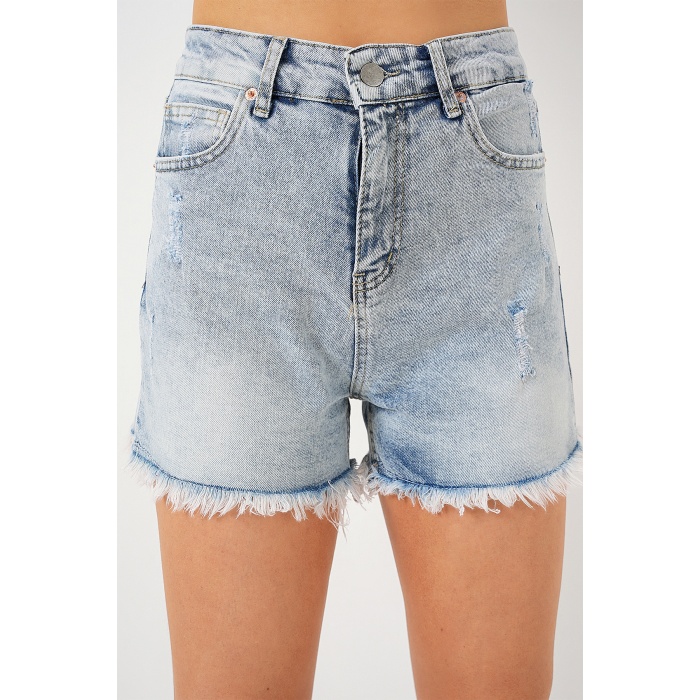 Kadın Püsküllü Kot Şort 5338 - Mavi
