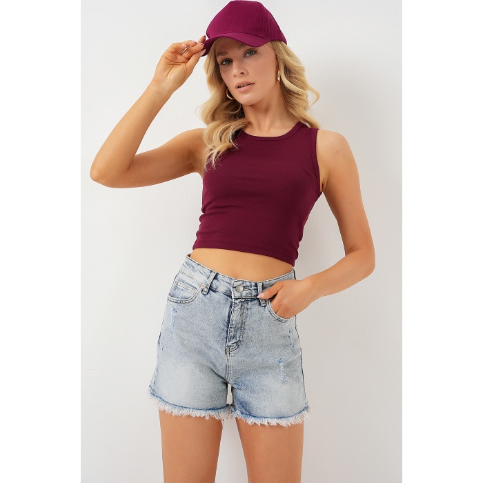 Kadın Püsküllü Kot Şort 5338 - Mavi