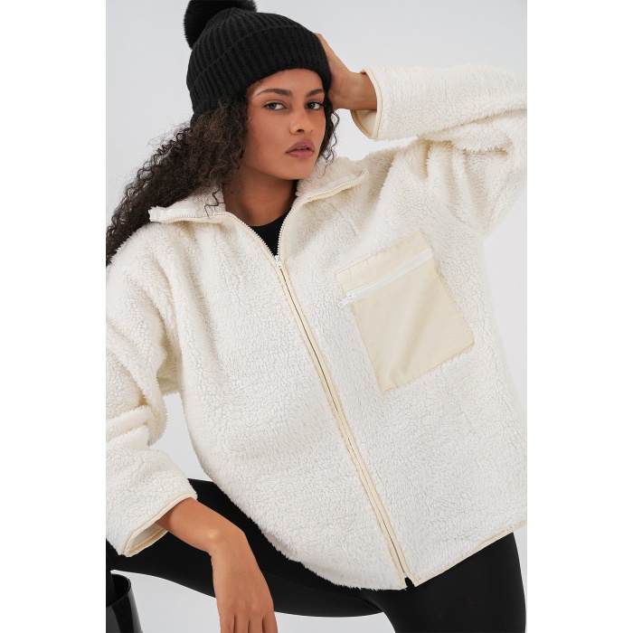 55446 Fermuarlı Oversize Peluş Mont - Bej