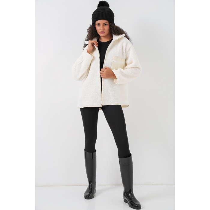 55446 Fermuarlı Oversize Peluş Mont - Bej
