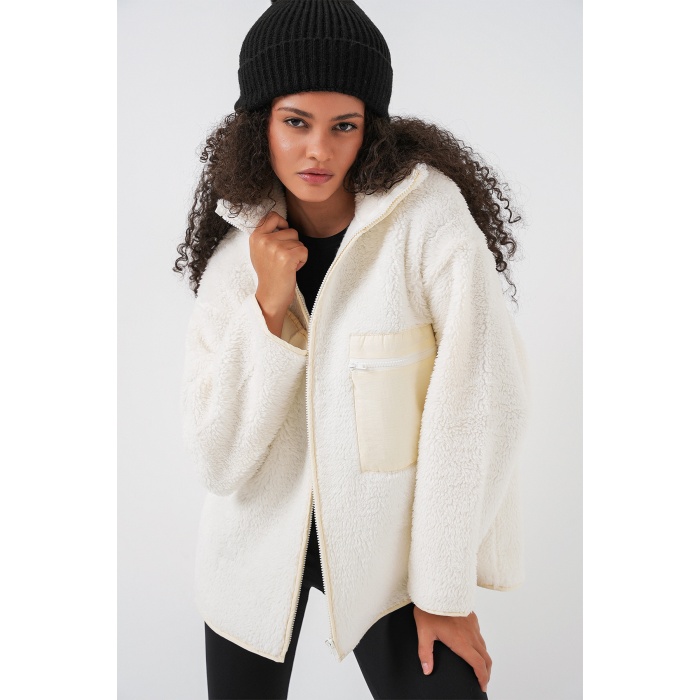 55446 Fermuarlı Oversize Peluş Mont - Bej