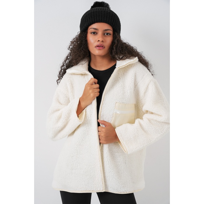 55446 Fermuarlı Oversize Peluş Mont - Bej