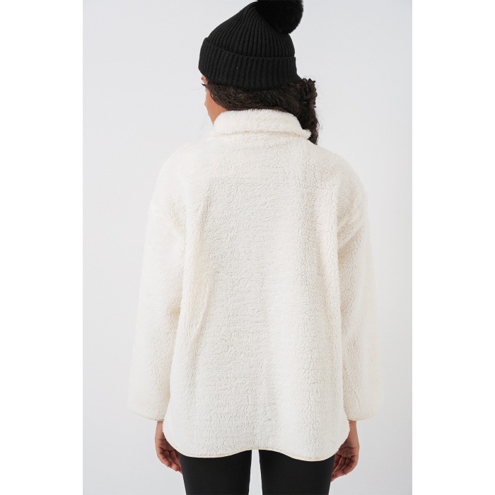 55446 Fermuarlı Oversize Peluş Mont - Bej