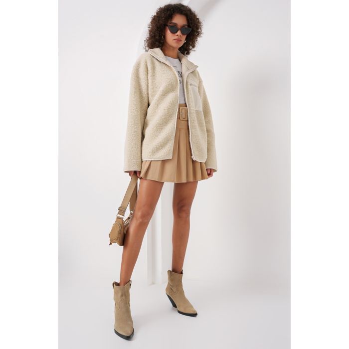 55446 Fermuarlı Oversize Peluş Ceket - Krem