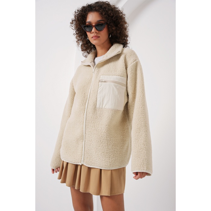 55446 Fermuarlı Oversize Peluş Ceket - Krem