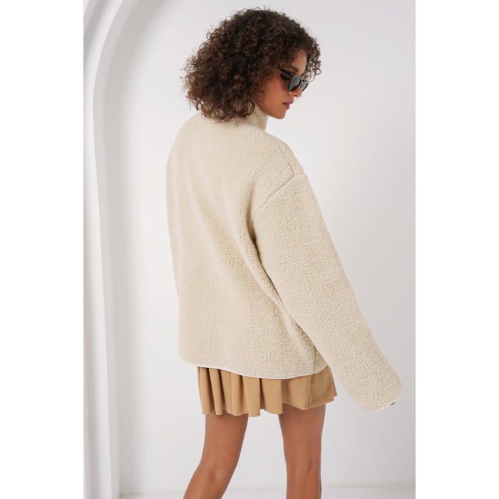 55446 Fermuarlı Oversize Peluş Ceket - Krem