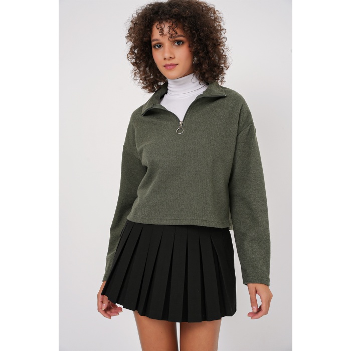 55449 Fermuarlı Yaka Örme Sweatshirt - Haki