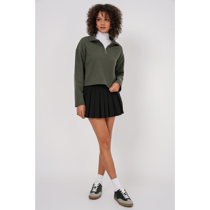 55449 Fermuarlı Yaka Örme Sweatshirt - Haki