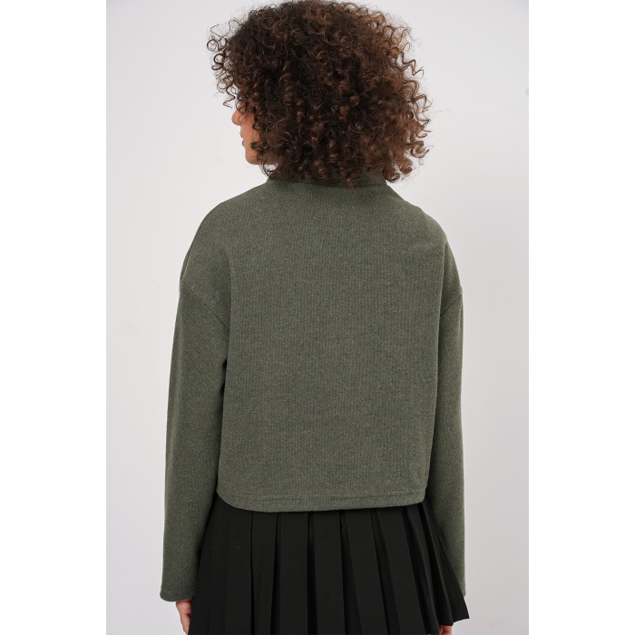 55449 Fermuarlı Yaka Örme Sweatshirt - Haki