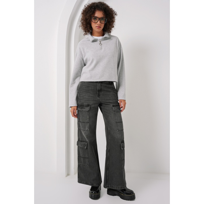 55449 Fermuarlı Yaka Örme Sweatshirt - Gri