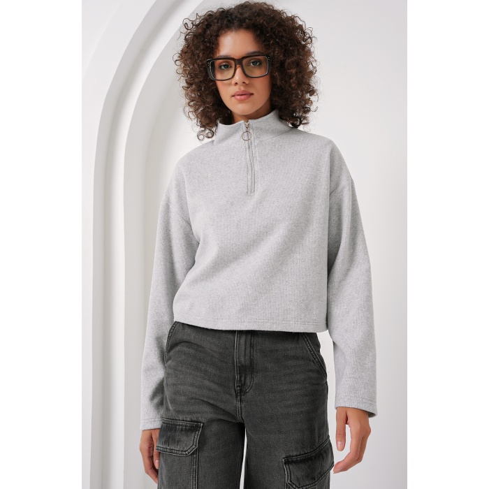55449 Fermuarlı Yaka Örme Sweatshirt - Gri