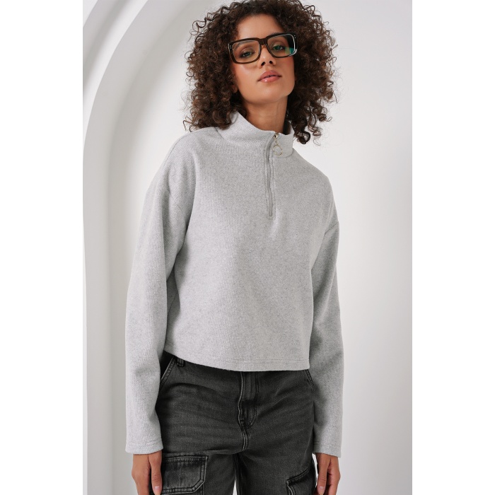 55449 Fermuarlı Yaka Örme Sweatshirt - Gri