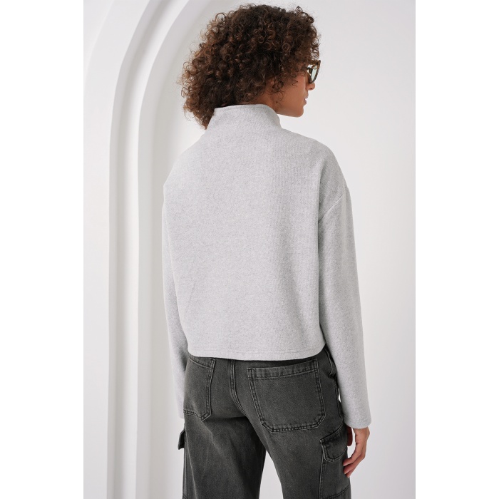 55449 Fermuarlı Yaka Örme Sweatshirt - Gri