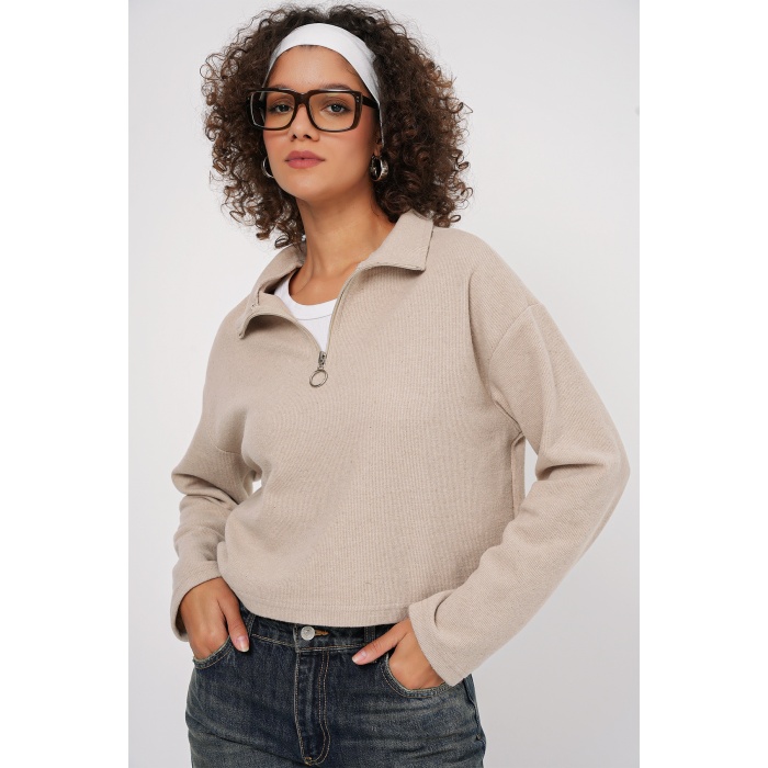 55449 Fermuarlı Yaka Örme Sweatshirt - Krem