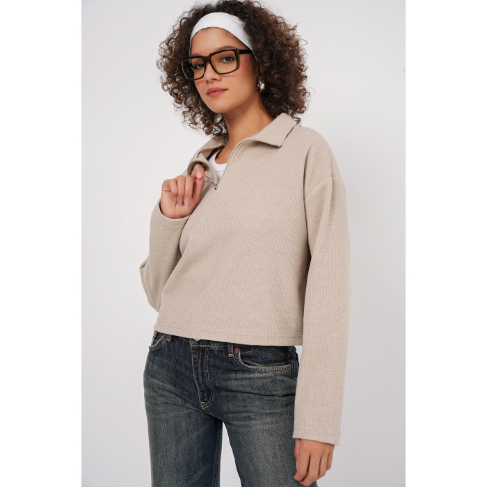55449 Fermuarlı Yaka Örme Sweatshirt - Krem