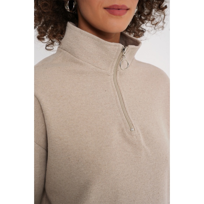 55449 Fermuarlı Yaka Örme Sweatshirt - Krem