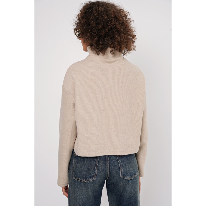 55449 Fermuarlı Yaka Örme Sweatshirt - Krem
