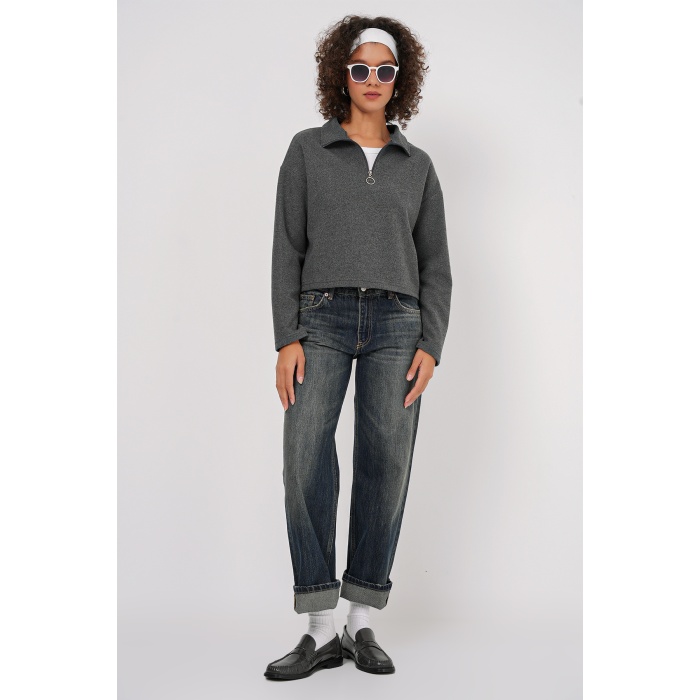 55449 Fermuarlı Yaka Örme Sweatshirt - Antrasit