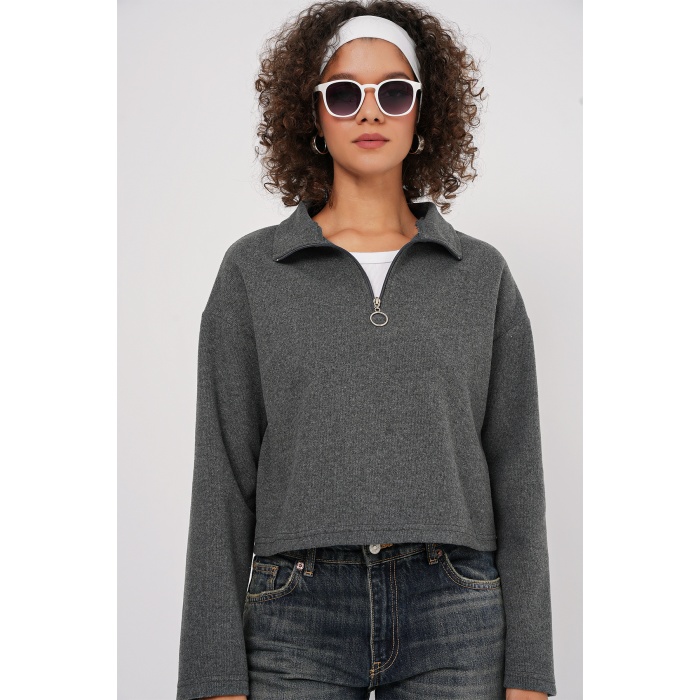 55449 Fermuarlı Yaka Örme Sweatshirt - Antrasit