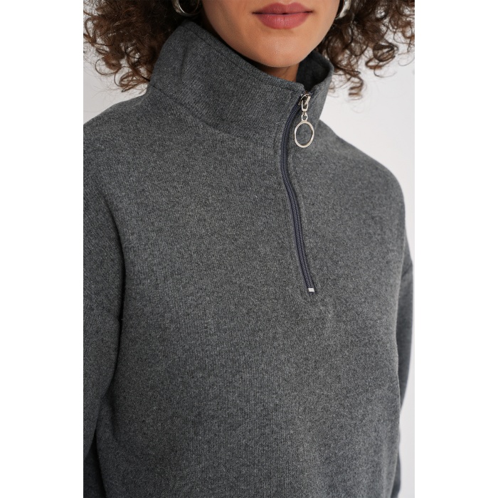 55449 Fermuarlı Yaka Örme Sweatshirt - Antrasit