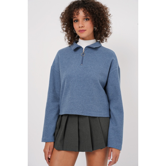 55449 Fermuarlı Yaka Örme Sweatshirt - İndigo