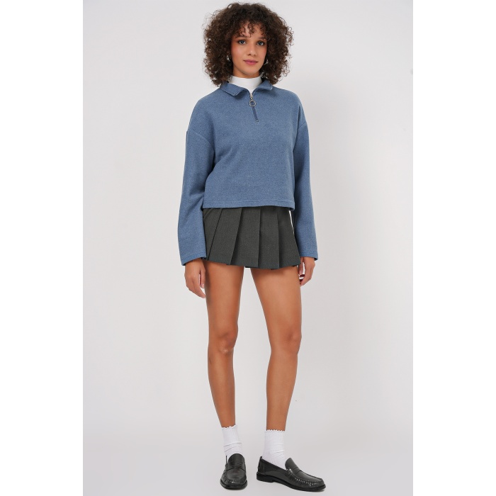 55449 Fermuarlı Yaka Örme Sweatshirt - İndigo